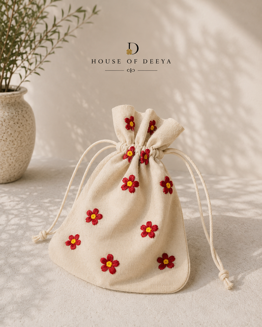 Red Flower Elegance - Potli Bag